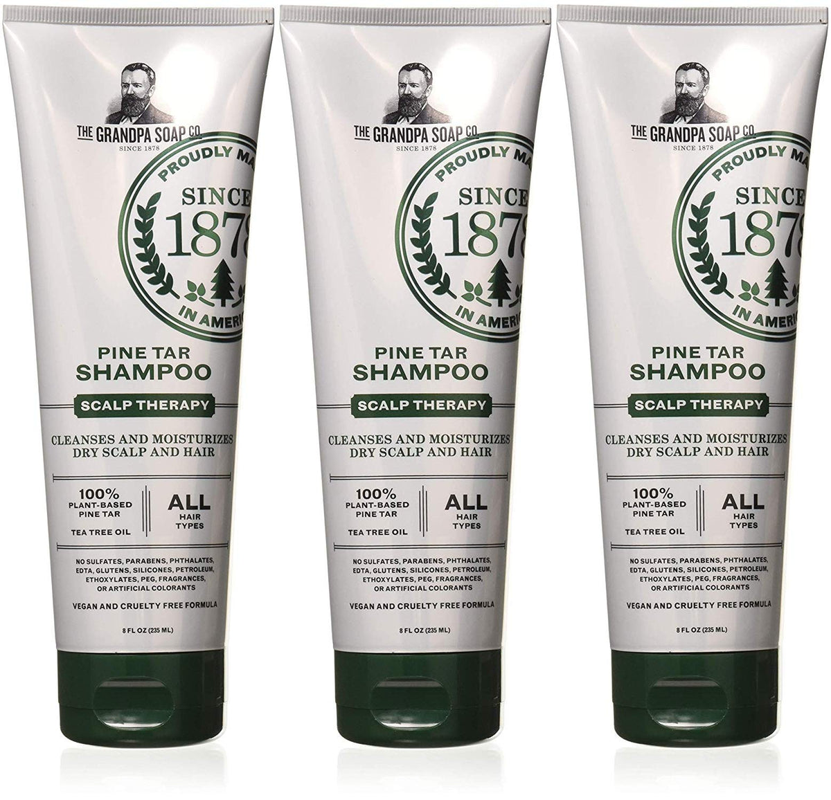 Shampoing Grandpa's goudron de pin, bouteille élégante, purifie le cuir chevelu et apaise les démangeaisons.