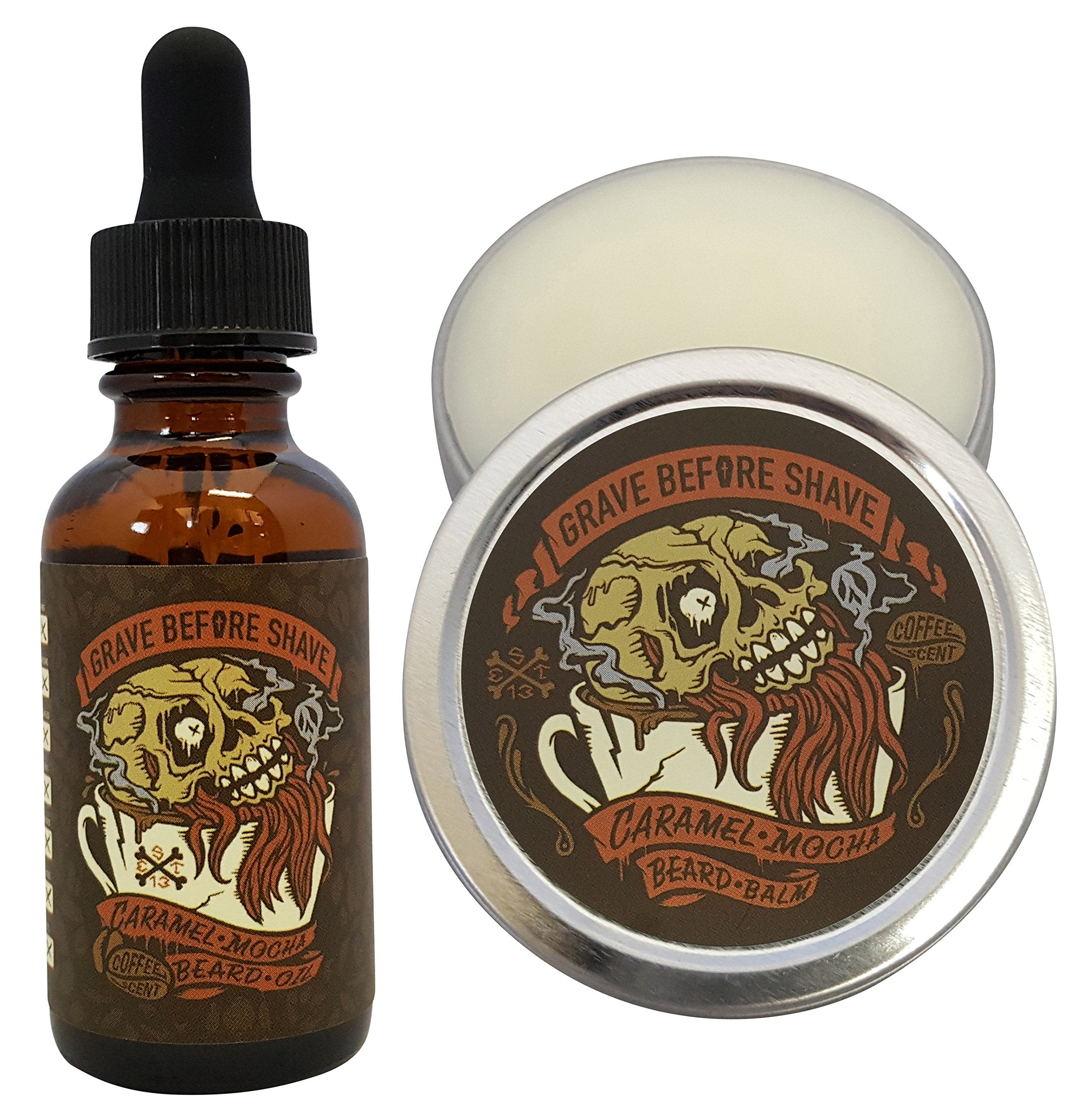 Grave Before Shave baume pour barbe caramel mocha dans sa boîte, démêlant efficace.