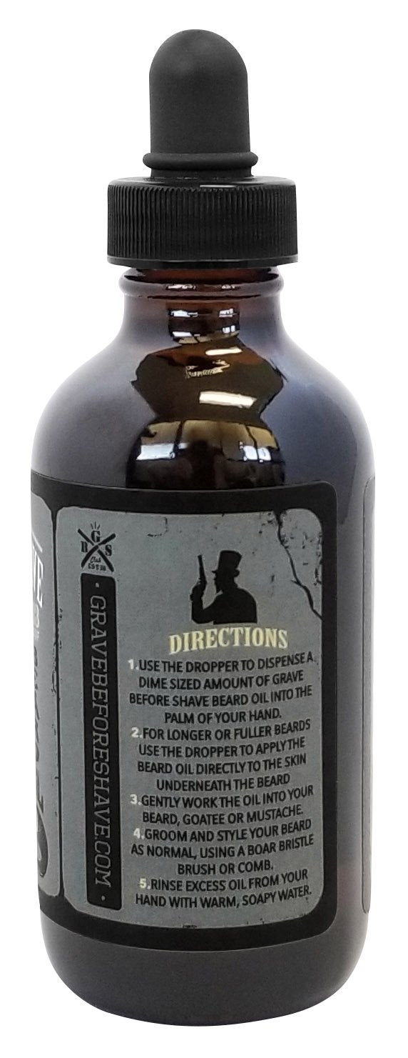 Grave Before Shave: étiquette sur bouteille huile barbe, signe soin peau et barbe.