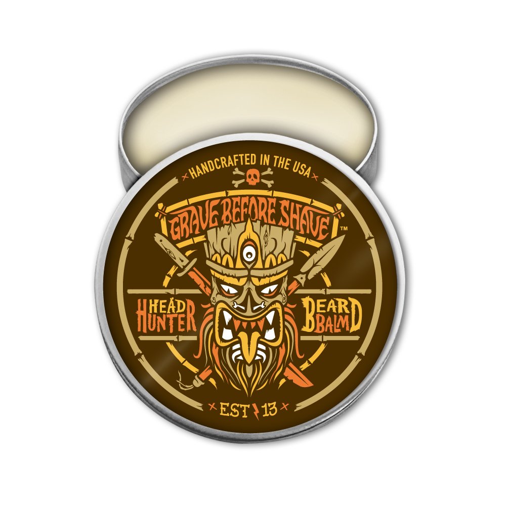 Grave Before Shave Head Hunter Beard Balm, boîte: domptez la barbe et maîtrisez les poils rebelles.