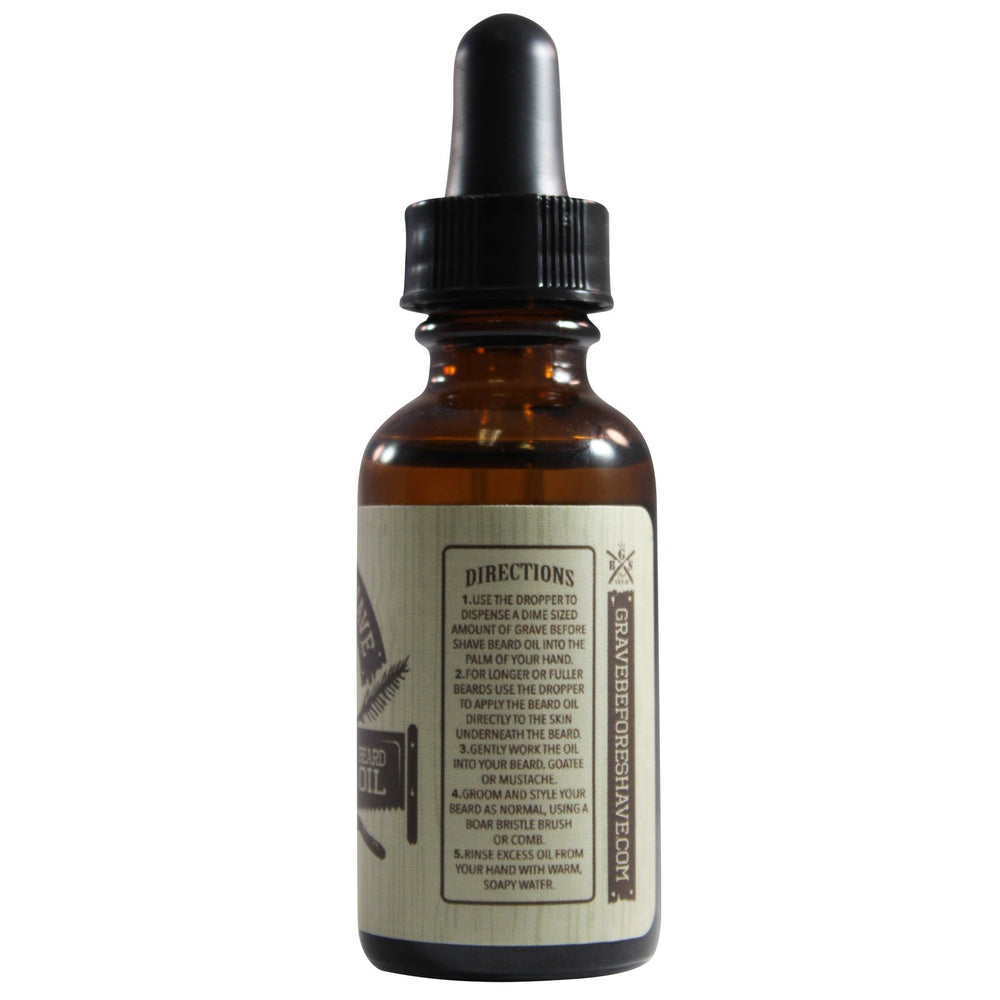 Grave Before Shave huile barbe pin et cèdre – goutte pour application ciblée et parfum boisé.