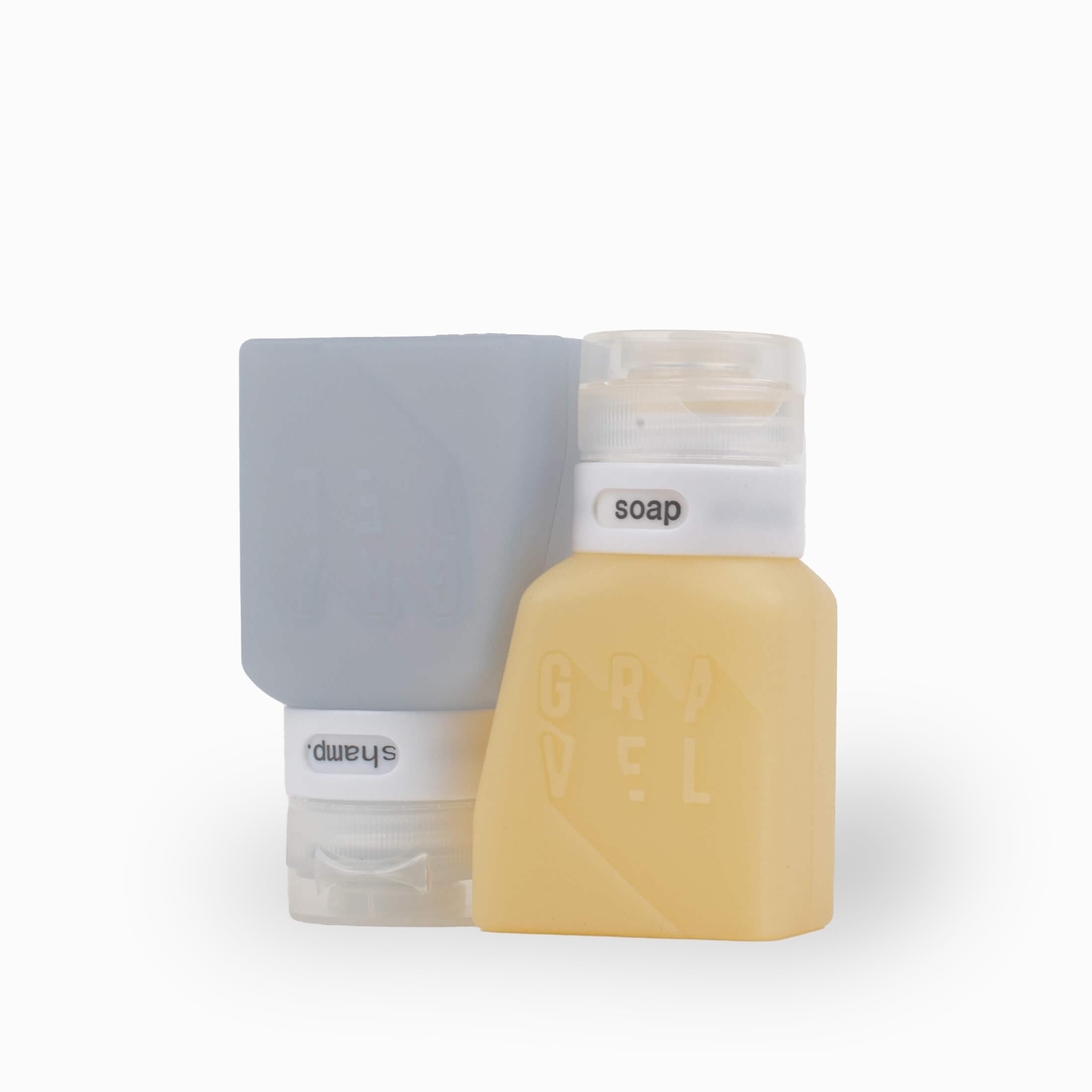 Bouteilles Gravel en silicone 3 oz miel, idéal pour shampoing et soins en voyage, sans fuite.