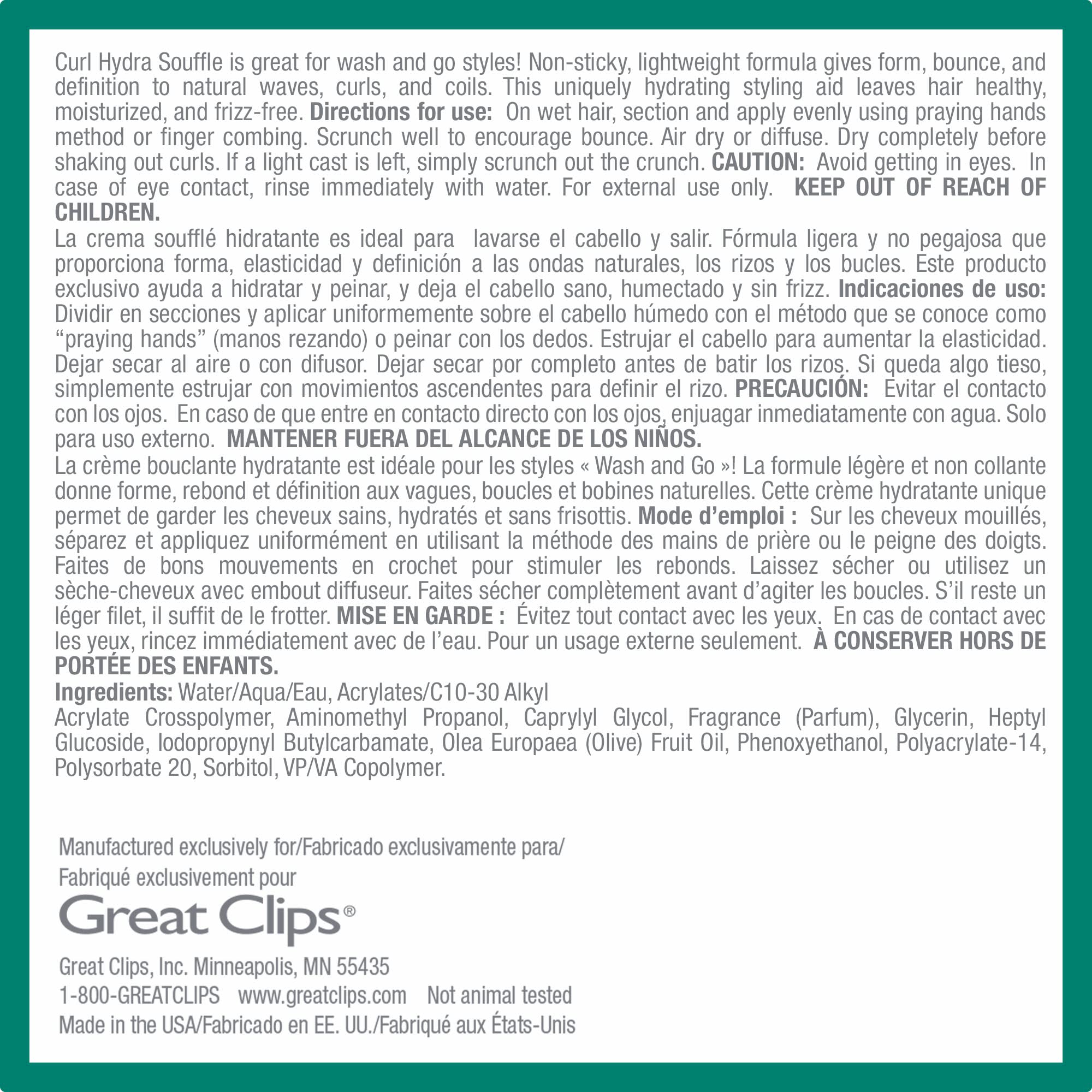 GREAT CLIPS Curl Hydra Souffle: guide d'utilisation pour styles lavés et séchés à l'air.