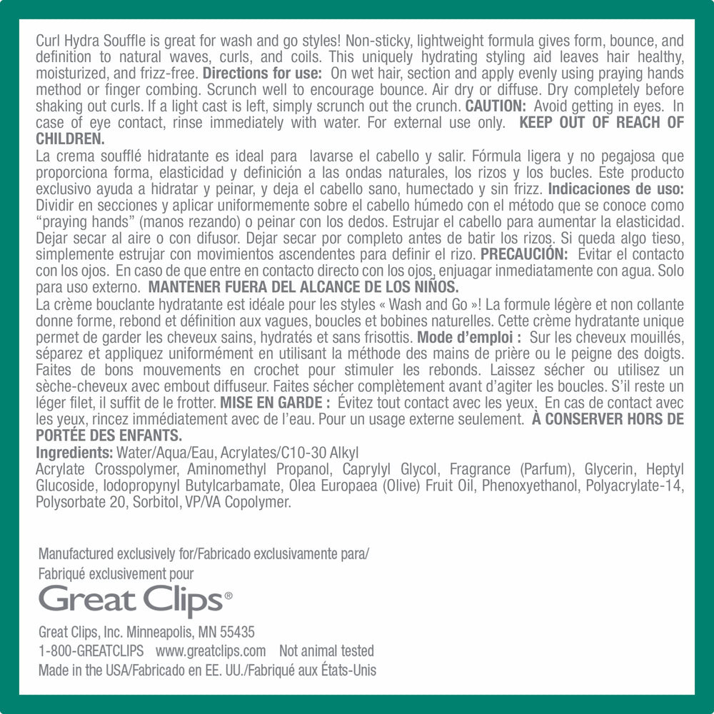 GREAT CLIPS Curl Hydra Souffle: guide d'utilisation pour styles lavés et séchés à l'air.