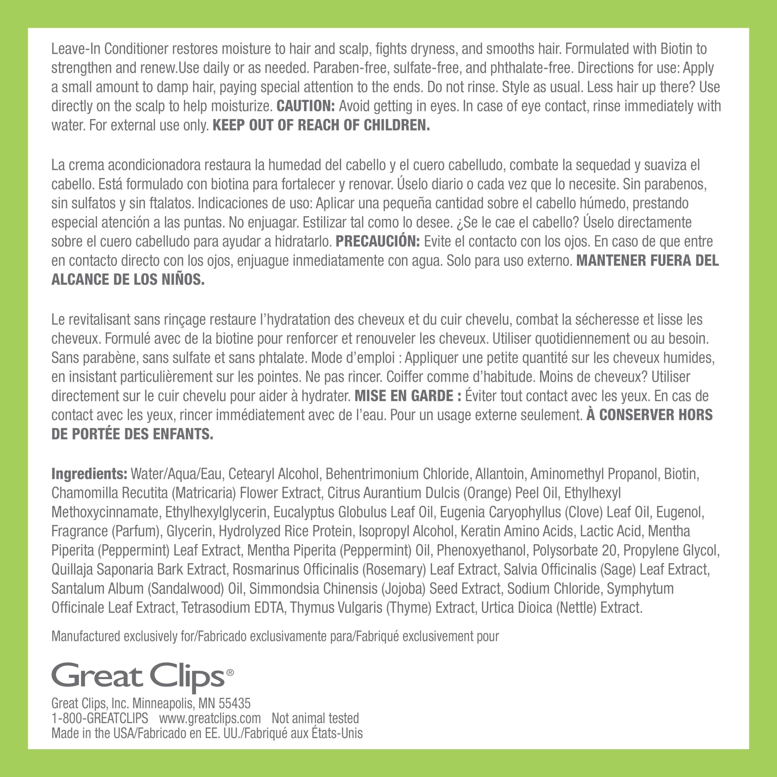 Formule sans parabènes, sulfates et phtalates pour les cheveux.