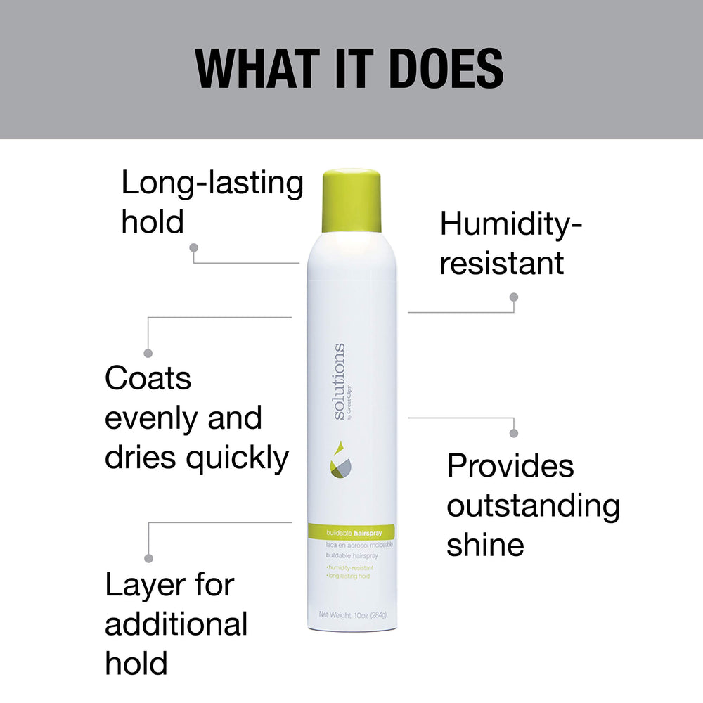 GREAT CLIPS Solutions Buildable Hairspray – application rapide et fixation ajustable.