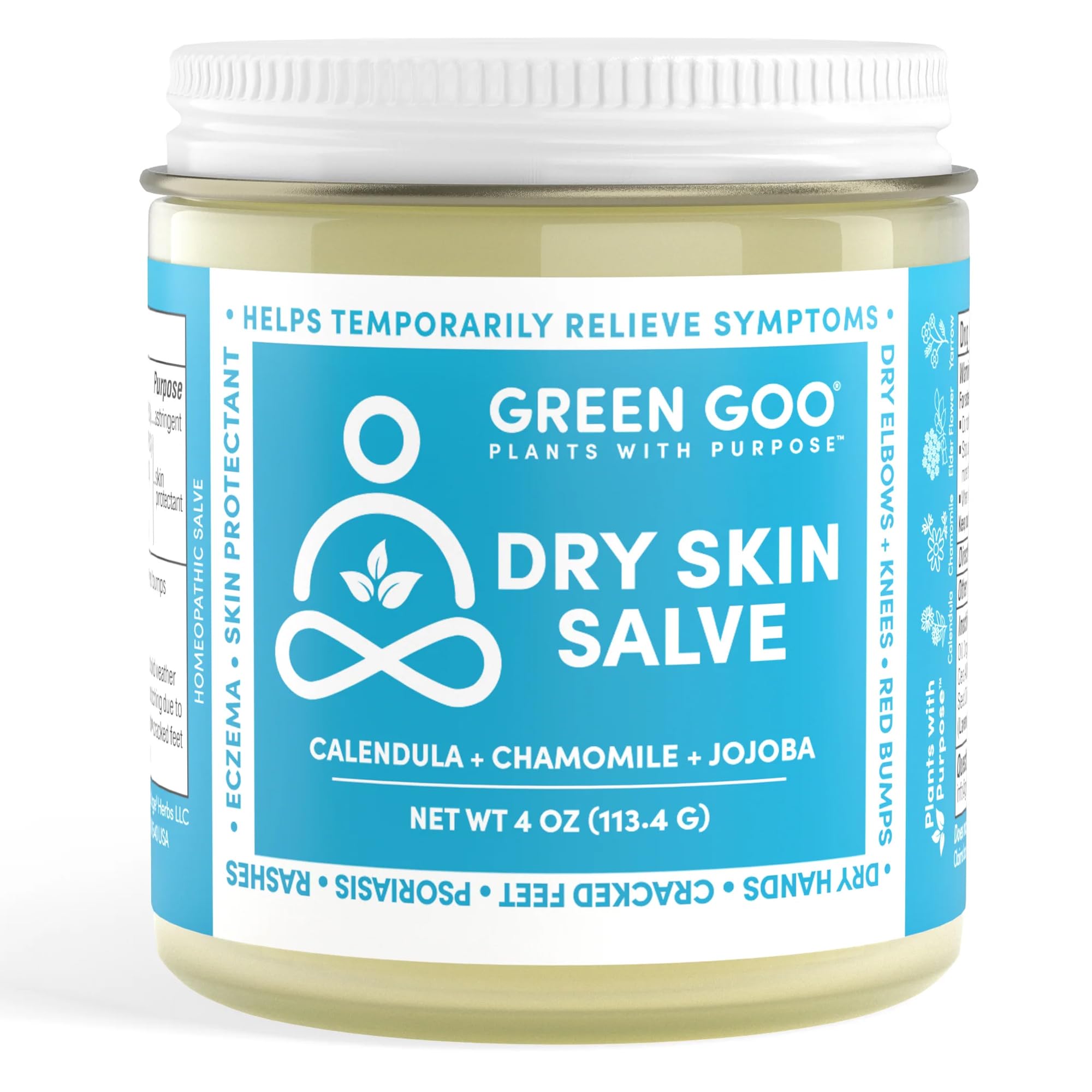 Green Goo Dry Skin Salve – emballage élégant et hydratation naturelle en voyage.