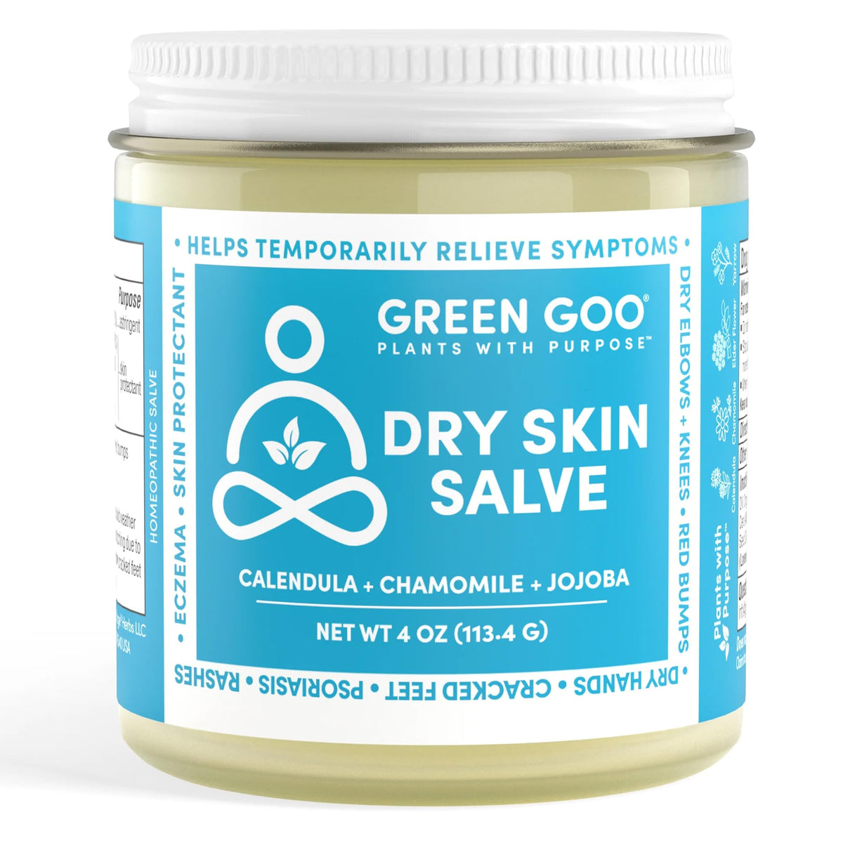 Green Goo Dry Skin Salve – emballage élégant et hydratation naturelle en voyage.