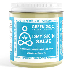 Green Goo Dry Skin Salve – emballage élégant et hydratation naturelle en voyage.