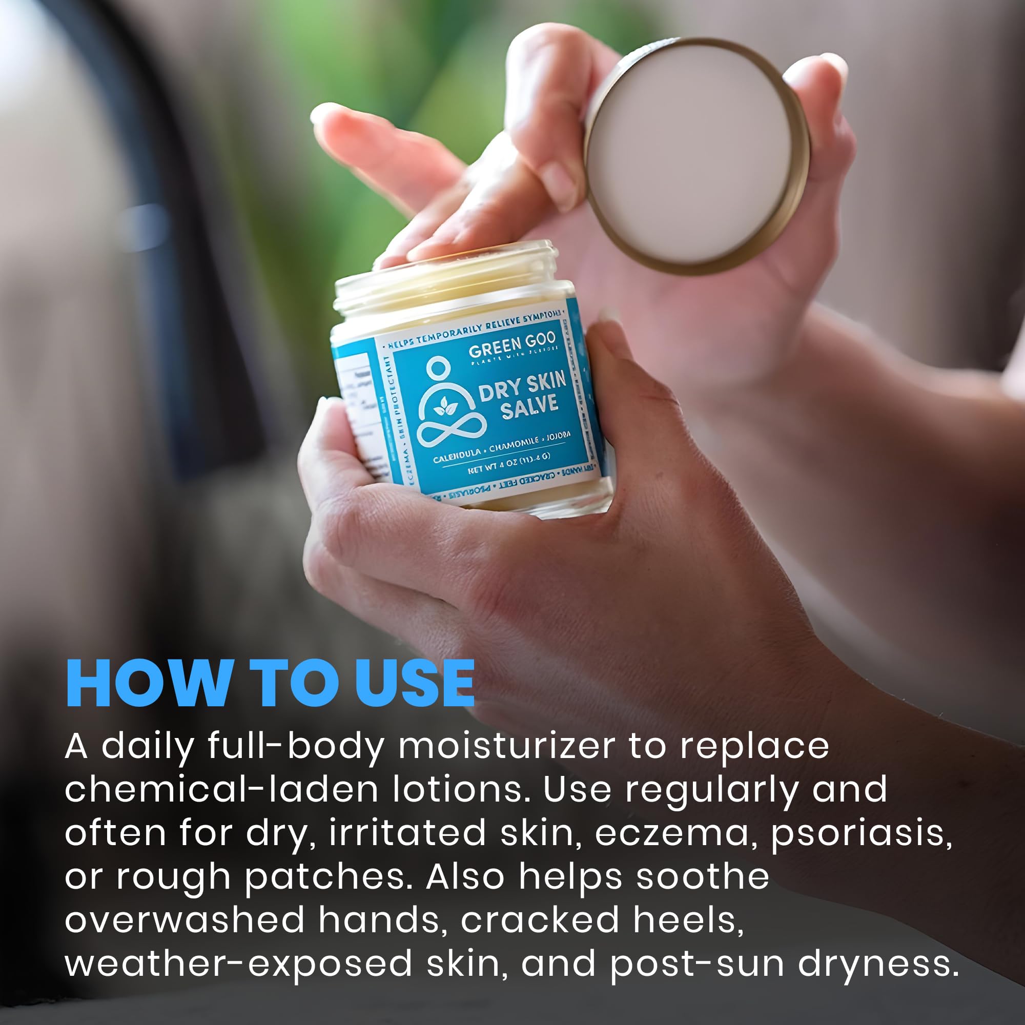 Green Goo Dry Skin Salve – symbole de la marque et hydratation naturelle.