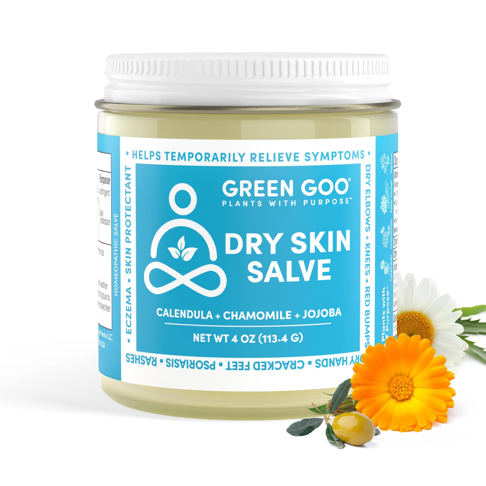 Green Goo Dry Skin Salve – pot ouvert montrant texture riche pour peau sèche.