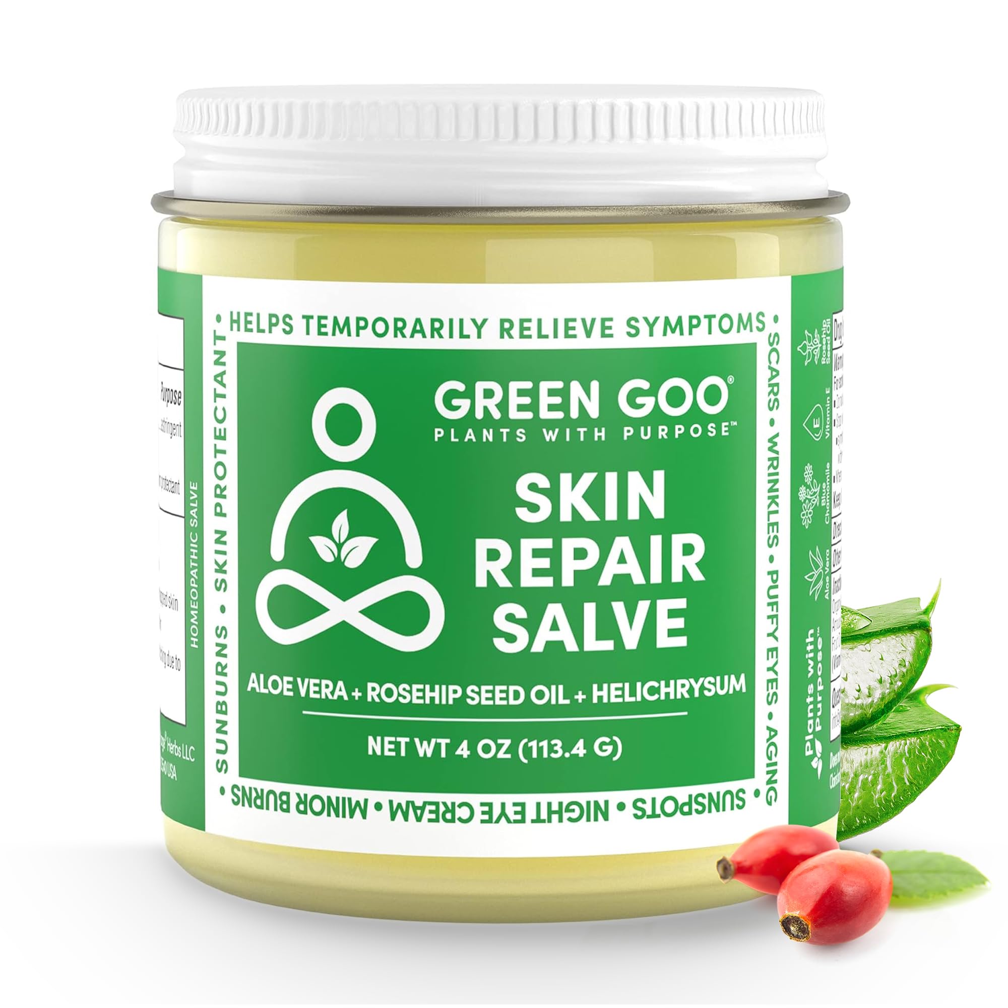 Green Goo Skin Repair Salve, huile de rose musquée et Aloe, protège peau exposée.