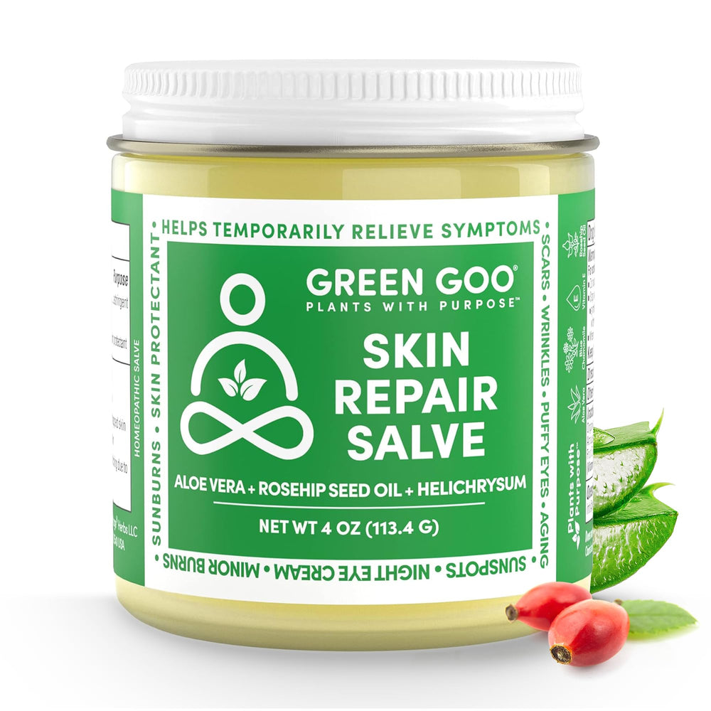 Green Goo Skin Repair Salve, huile de rose musquée et Aloe, protège peau exposée.