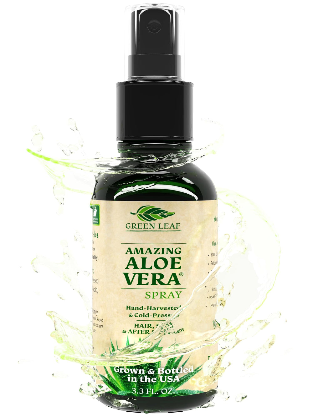 Green Leaf Naturals Aloe Vera Spray – flacon voyage, hydratation rapide pour peau et cheveux.