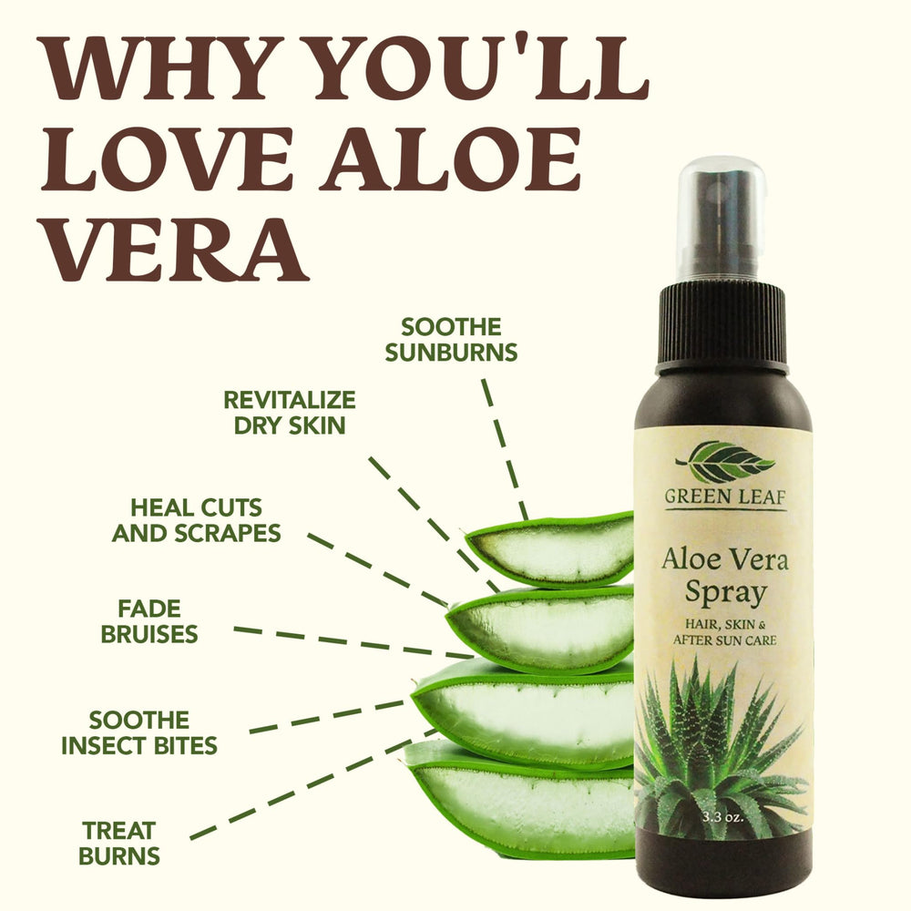 Green Leaf Naturals Aloe Vera Spray – après-soleil apaisant et hydratant.