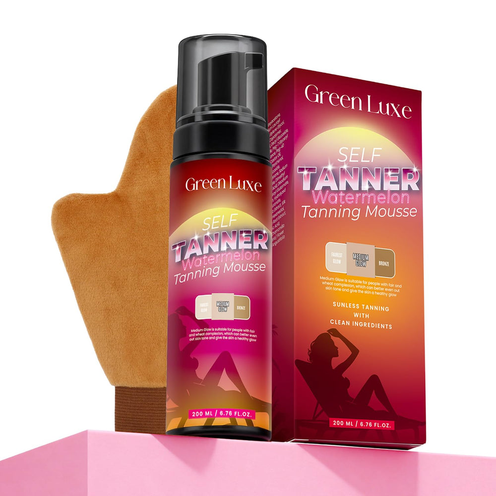 Green Luxe mousse auto-bronzante main: application facile et teint naturel.