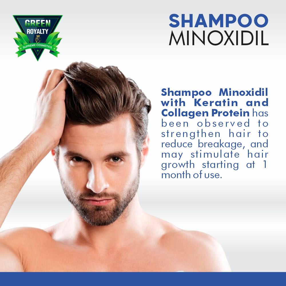 GREEN ROYALTY Minoxidil Shampoing – etiquette keratine-collagen, cheveux plus forts et brillants.