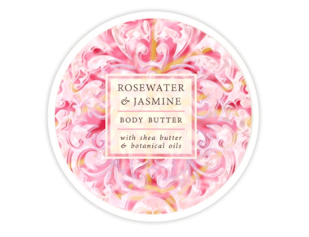 Pot de beurre corporel Greenwich Bay Rosewater et Jasmine, texture crémeuse hydratante pour la peau.