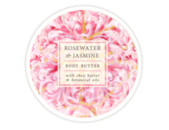 Pot de beurre corporel Greenwich Bay Rosewater et Jasmine, texture crémeuse hydratante pour la peau.