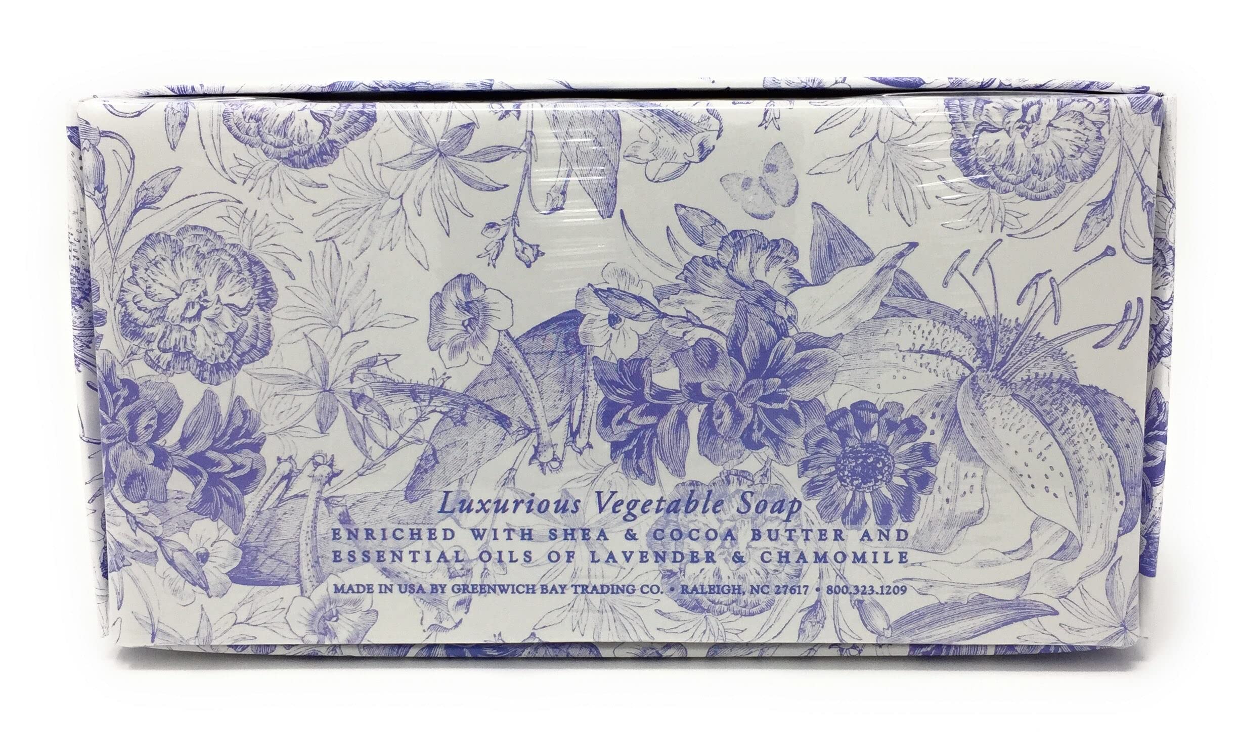 Étiquette Greenwich Bay Trading Company sur le savon karité lavande camomille, idéal pour routine spa.