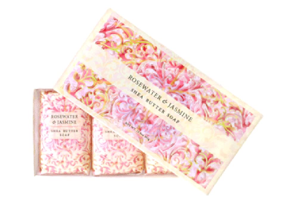 Savons Greenwich Bay Trading Co. trio emballé, hydratation légère et parfum rose jasmin.