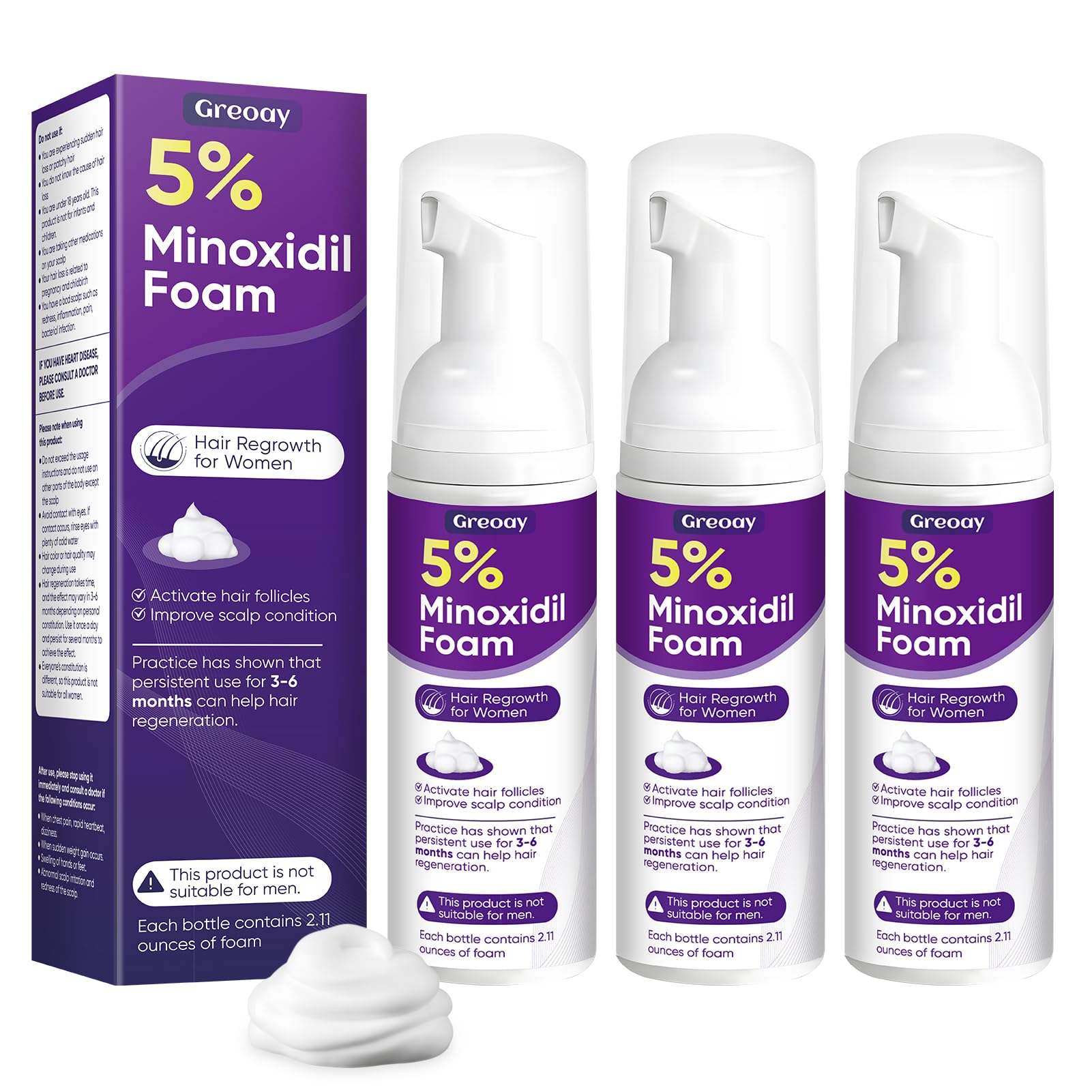 Greoay Mousse Minoxidil 5% — bouteille prête à l'emploi pour la croissance capillaire