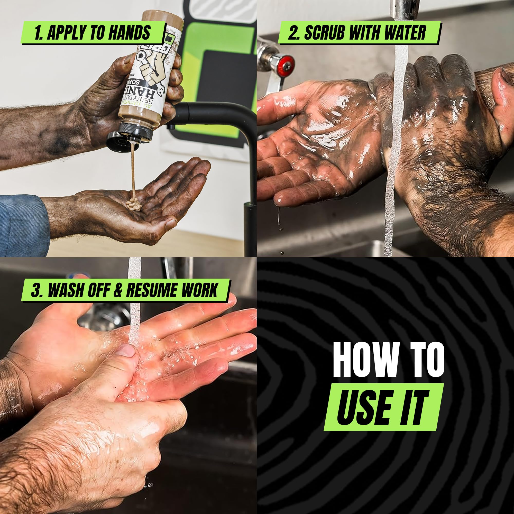 Grip Clean mains hydratées: nettoyant puissant qui préserve l'hydratation après le lavage.