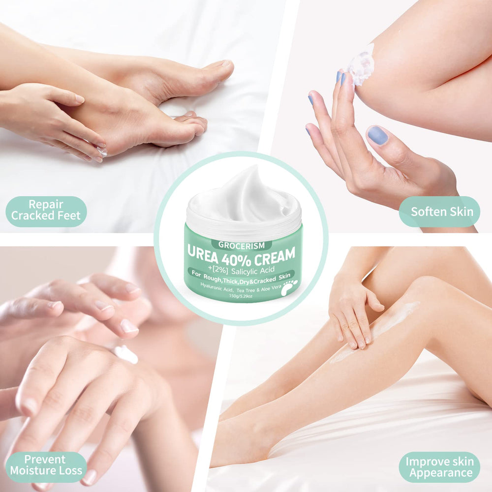 Crème Grocerism Urea 40% pour pieds, texture non grasse et absorption rapide.