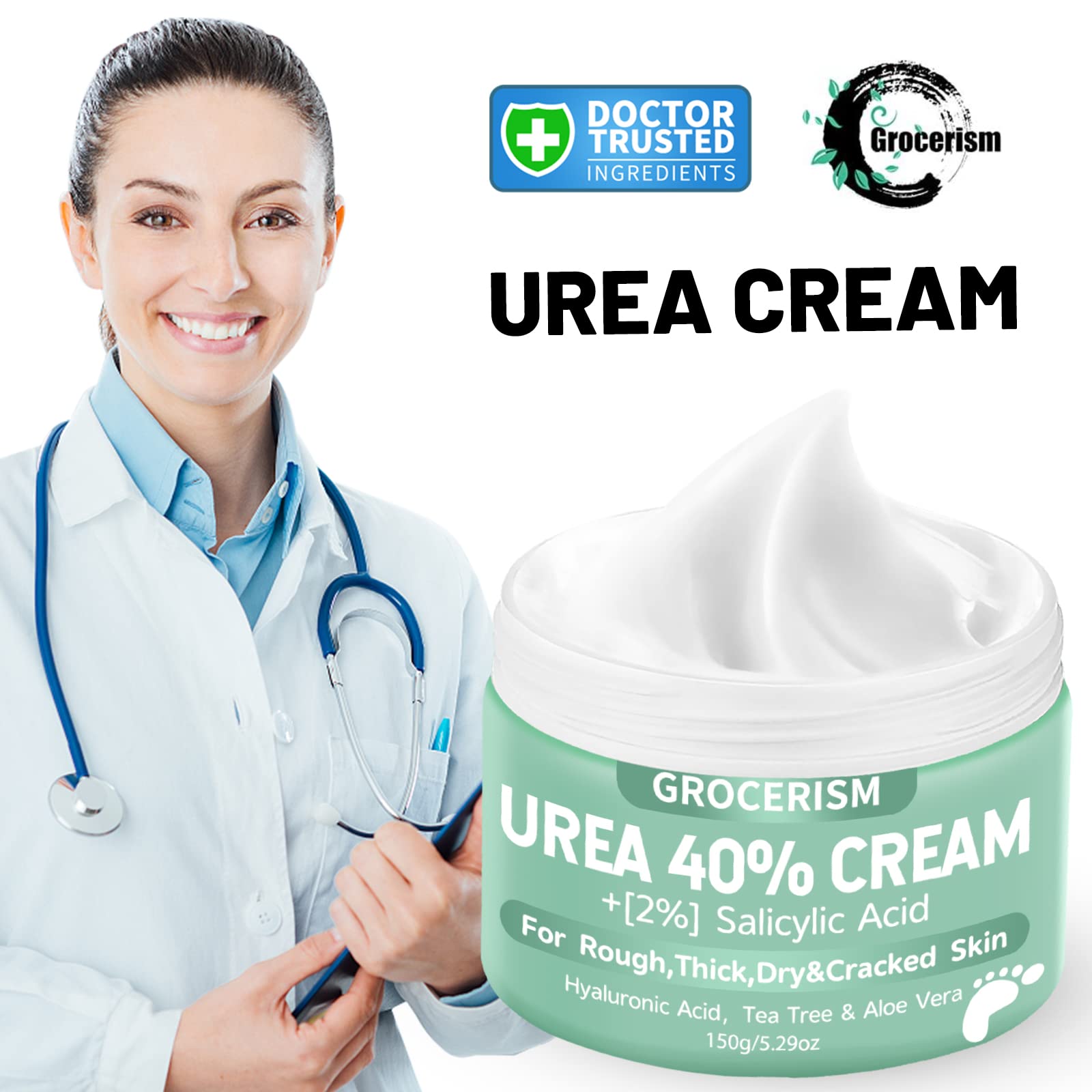 Crème Grocerism Urea 40% pour pieds, texture appliquée, exfoliation douce des callosités.