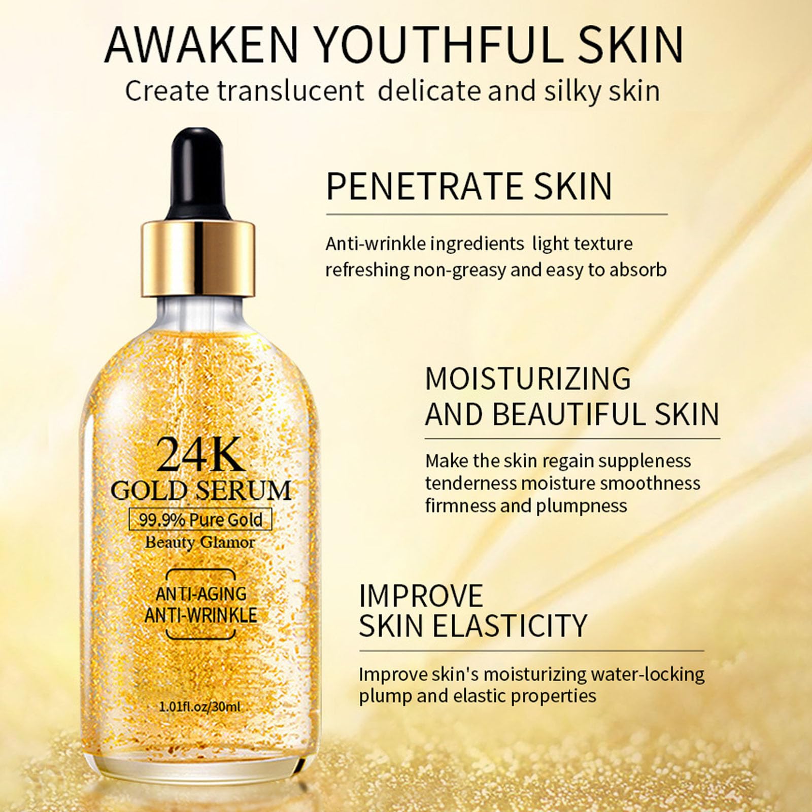 Sérum Or 24K Grospe, texture légère et absorption rapide pour peau lisse.