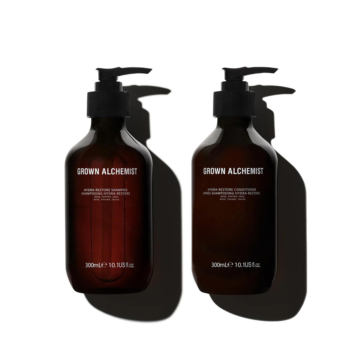 Grown Alchemist Hydra-Restore shampooing – bouteille élégante, cheveux propres et hydratés.