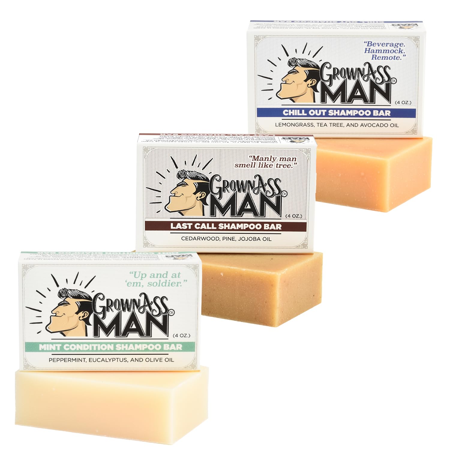 Barre shampooing solide Grown Ass Man Co. vue extérieure, durable et compacte.