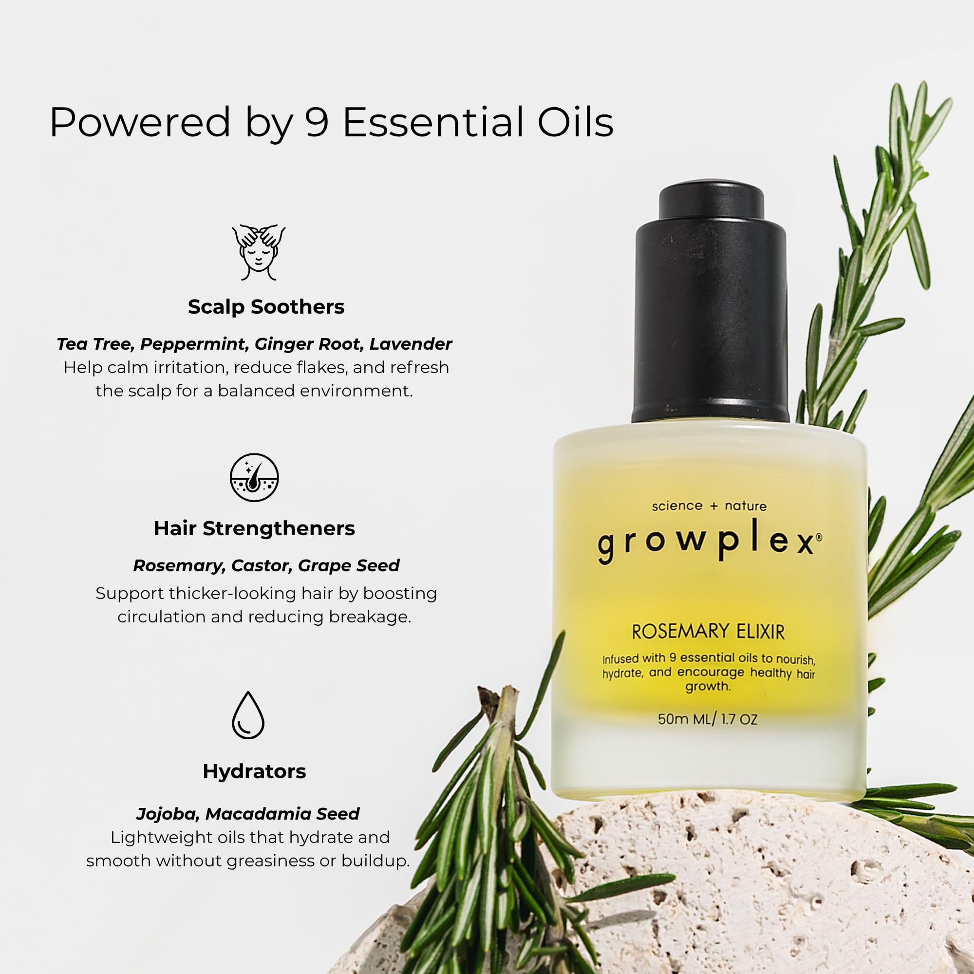 Growplex Élixir de romarin à la jojoba pour un cuir chevelu équilibré.