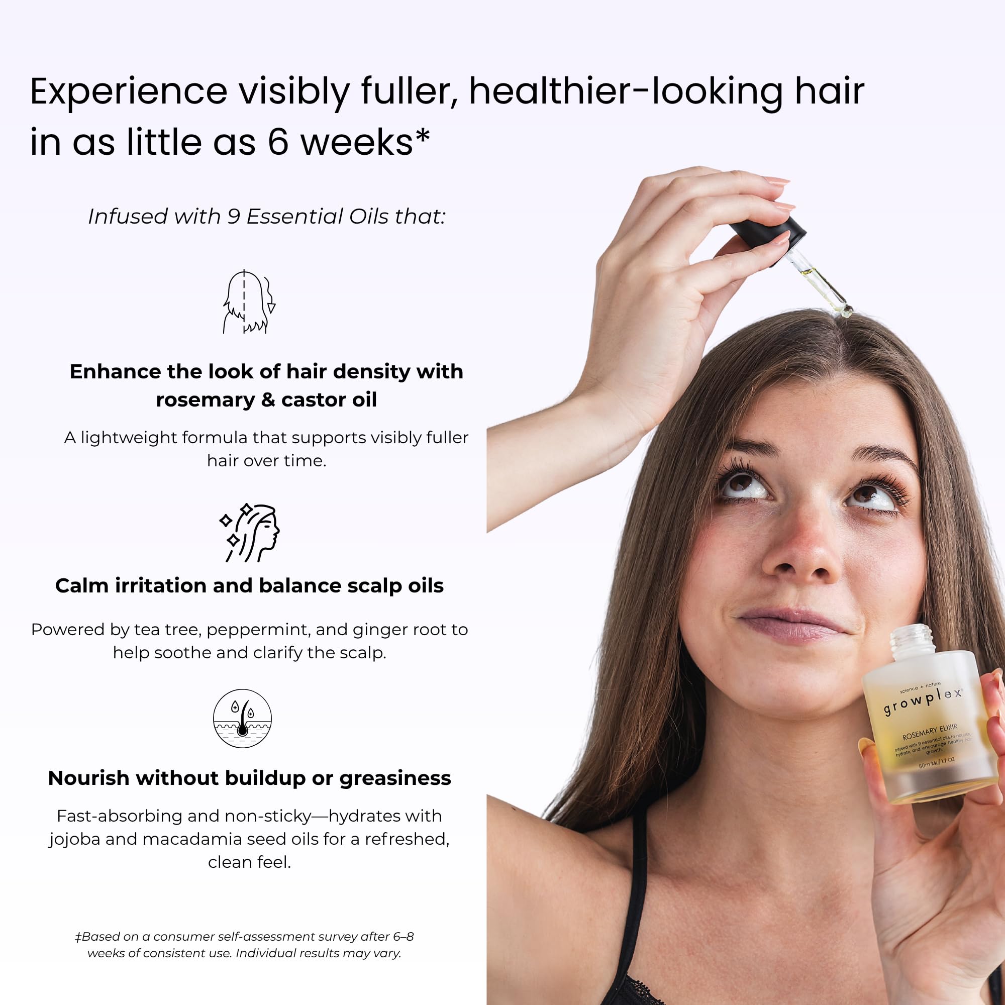 Growplex Élixir: massage du cuir chevelu pour une sensation apaisante.