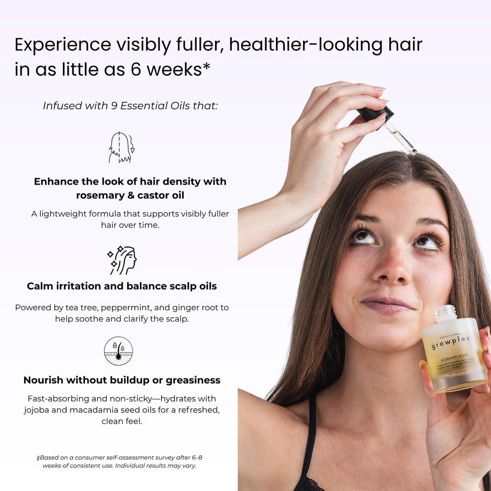 Growplex Élixir: massage du cuir chevelu pour une sensation apaisante.