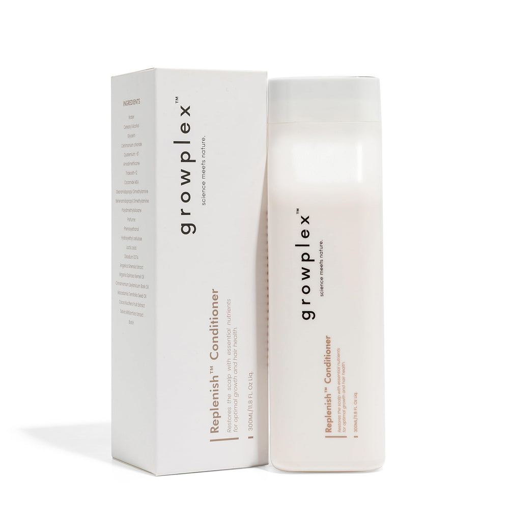 Growplex Replenish Conditioner : bouteille et étiquette visibles, hydratation légère pour cheveux soyeux.
