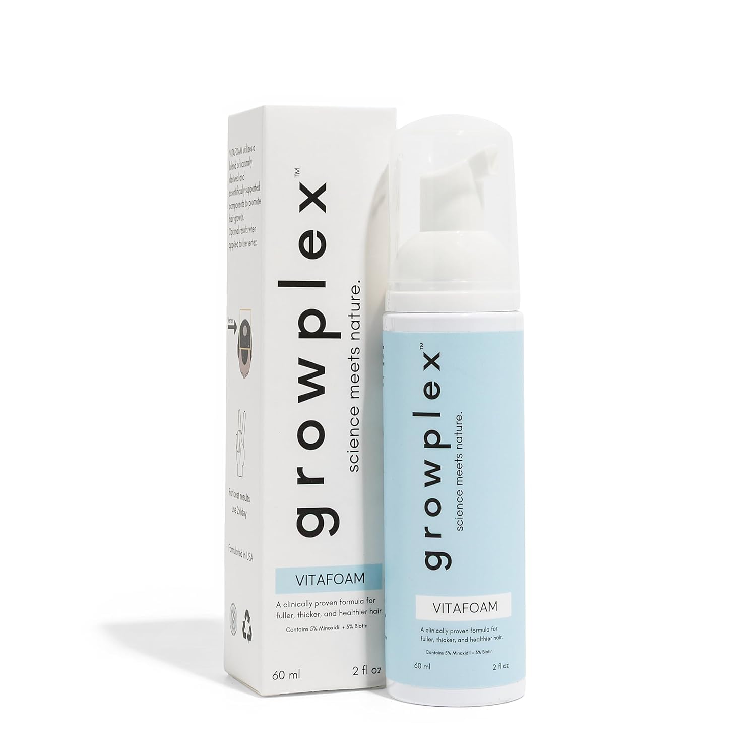 Growplex Vitafoam flacon minoxidil 5% pour une application précise.