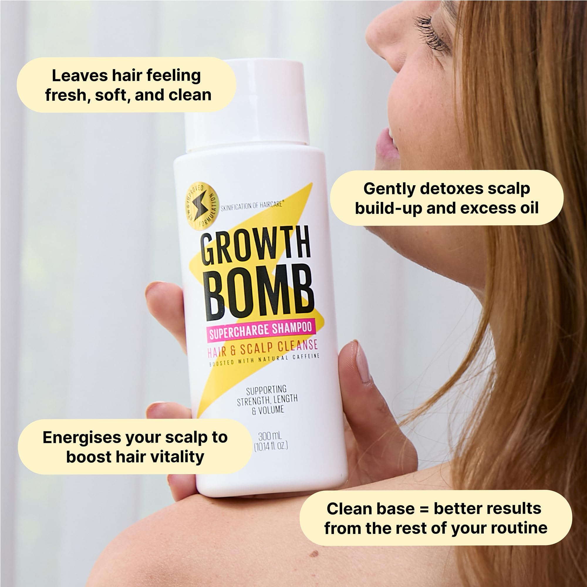 Growth Bomb Supercharge Shampoo, detox cuir chevelu avec arbre-a-the pour fraîcheur.