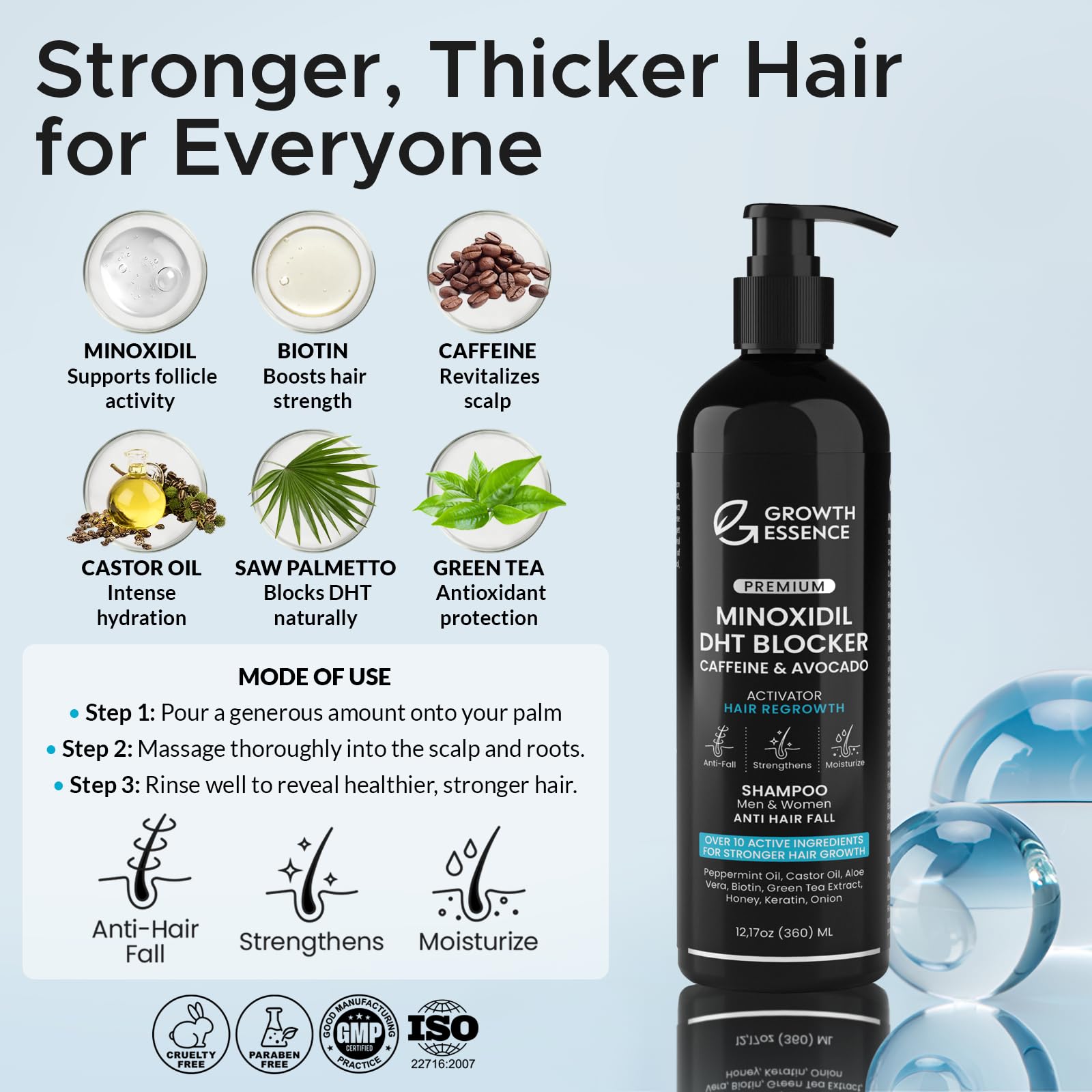 Growth Essence Extrait Oignon, nutriments naturels pour cheveux plus forts.