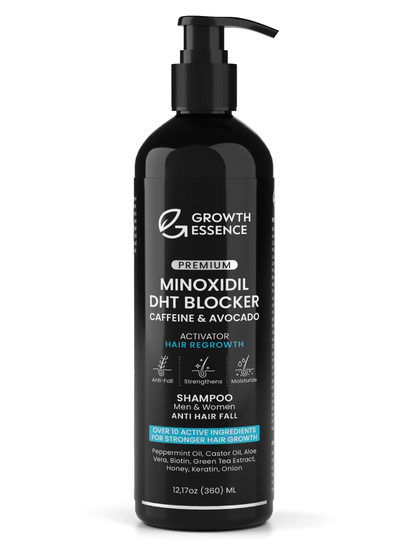 Growth Essence Minoxidil Shampoing : bouteille avec pompe, pratique au quotidien.