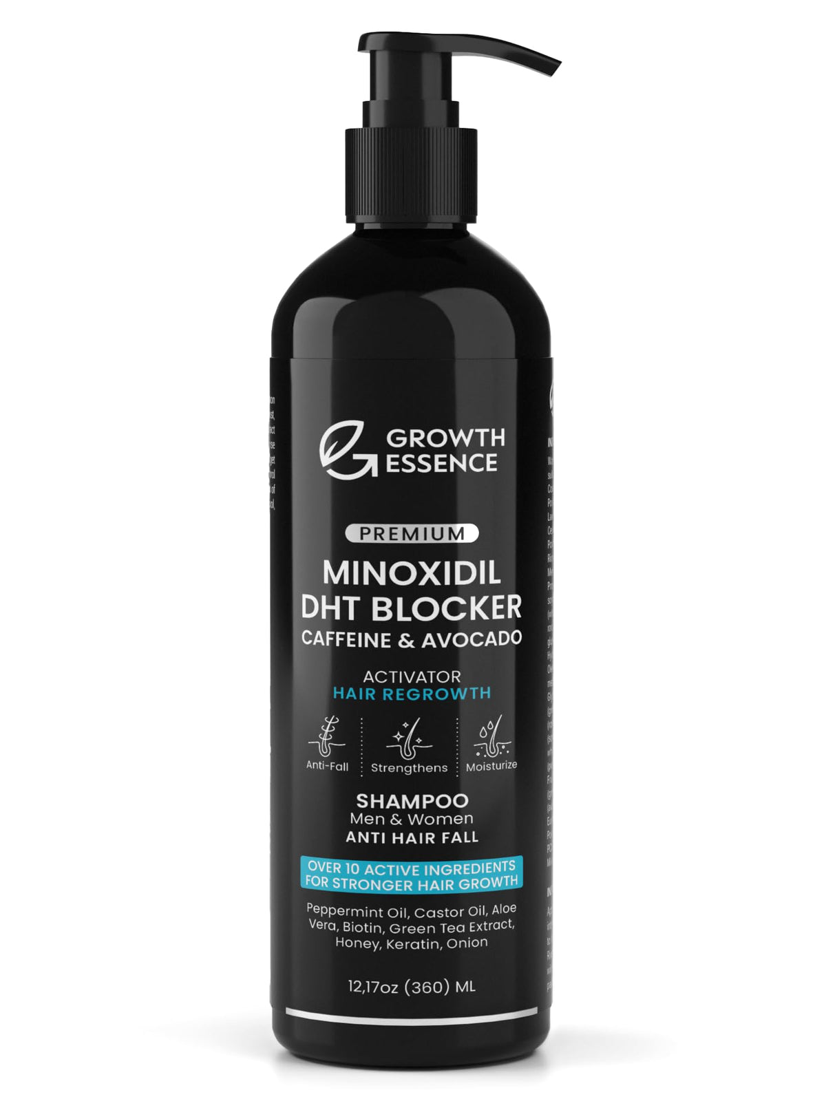 Growth Essence Minoxidil Shampoing : bouteille avec pompe, pratique au quotidien.