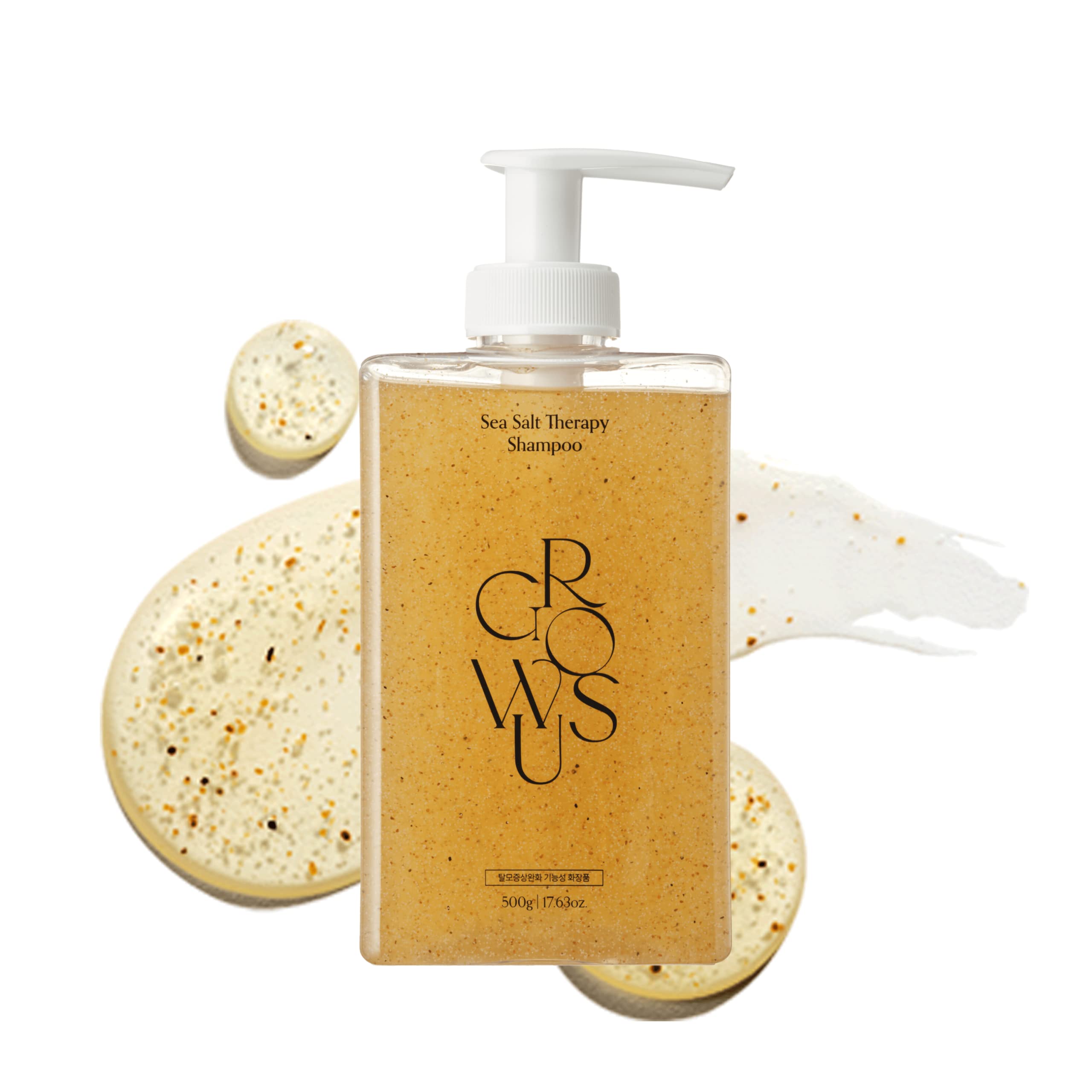 Growus shampoing au sel marin en bouteille, purifiant et clarifiant le cuir chevelu.