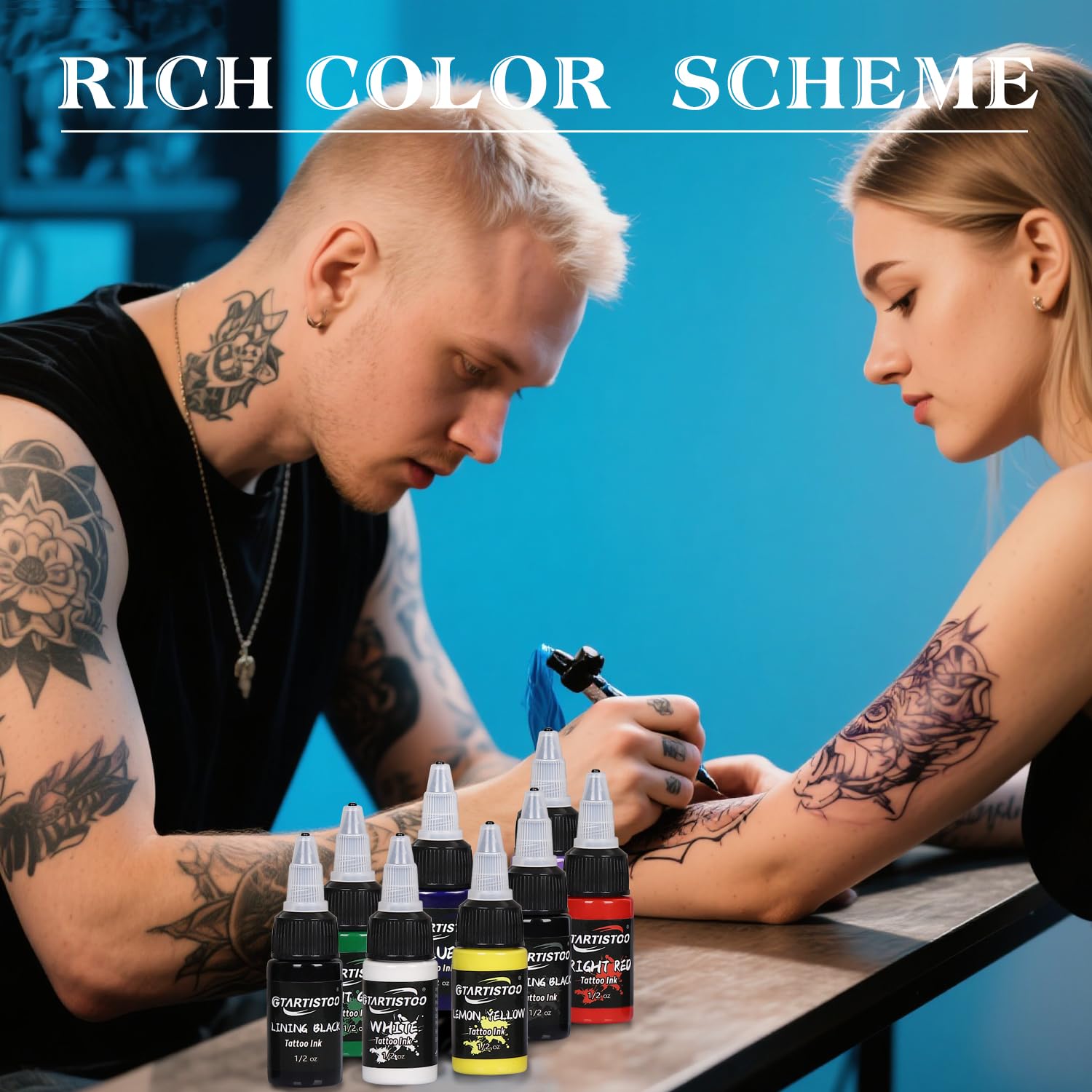 GTARTISTOO bleu vif—encre tatouage pour détails audacieux.