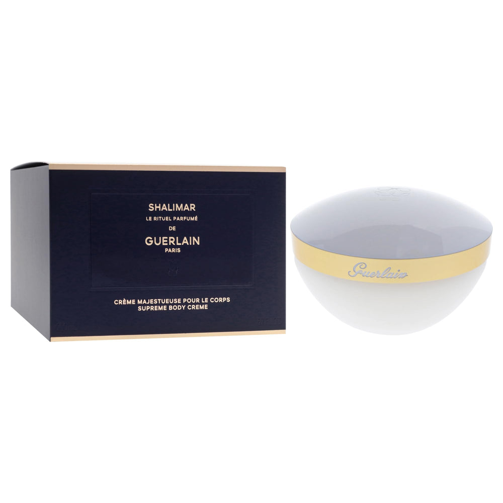 Guerlain Shalimar Supreme Body Cream packaging on vanity signaling luxury hydration