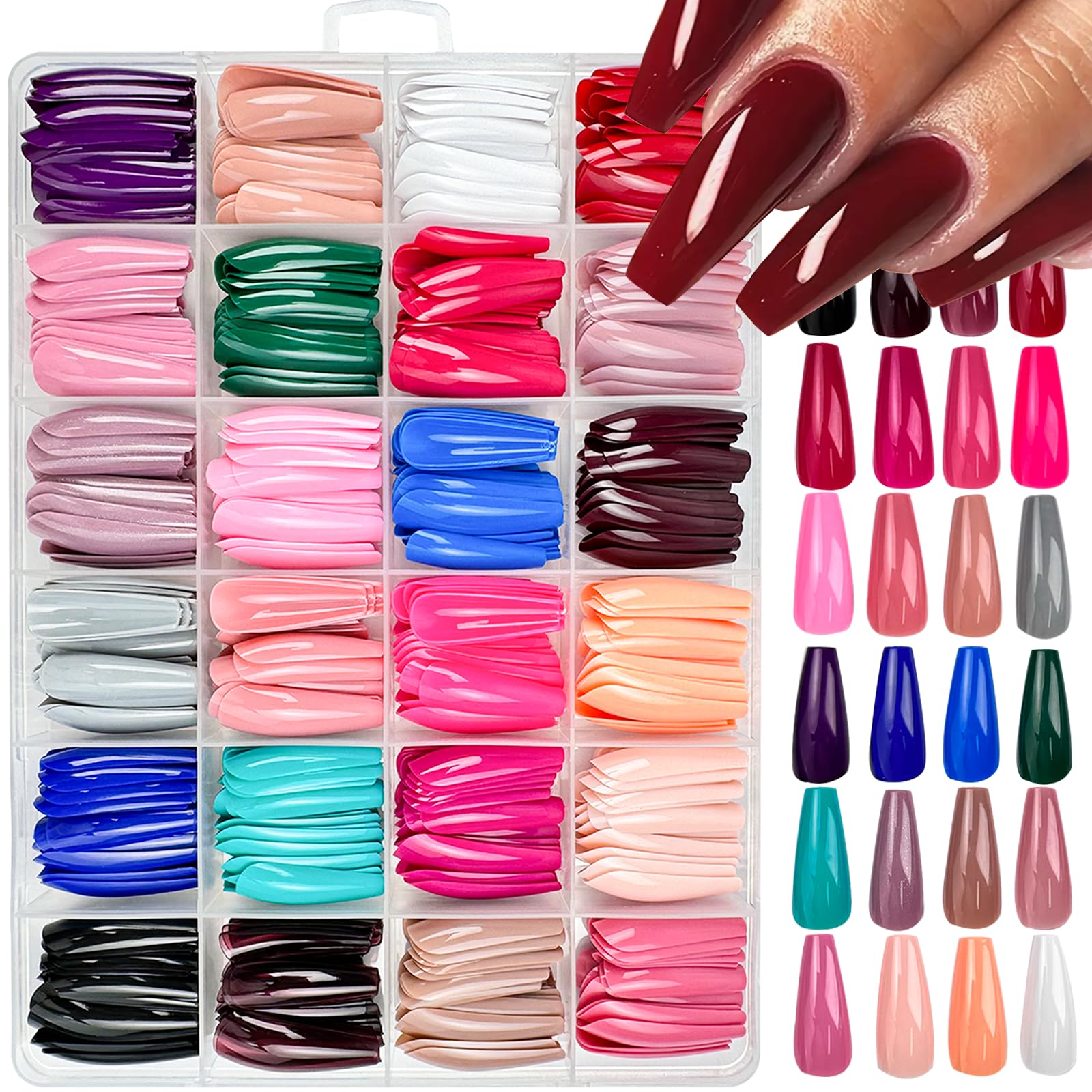 GUFUGU 576 pièces ongles coffin longs, rangement par tailles.