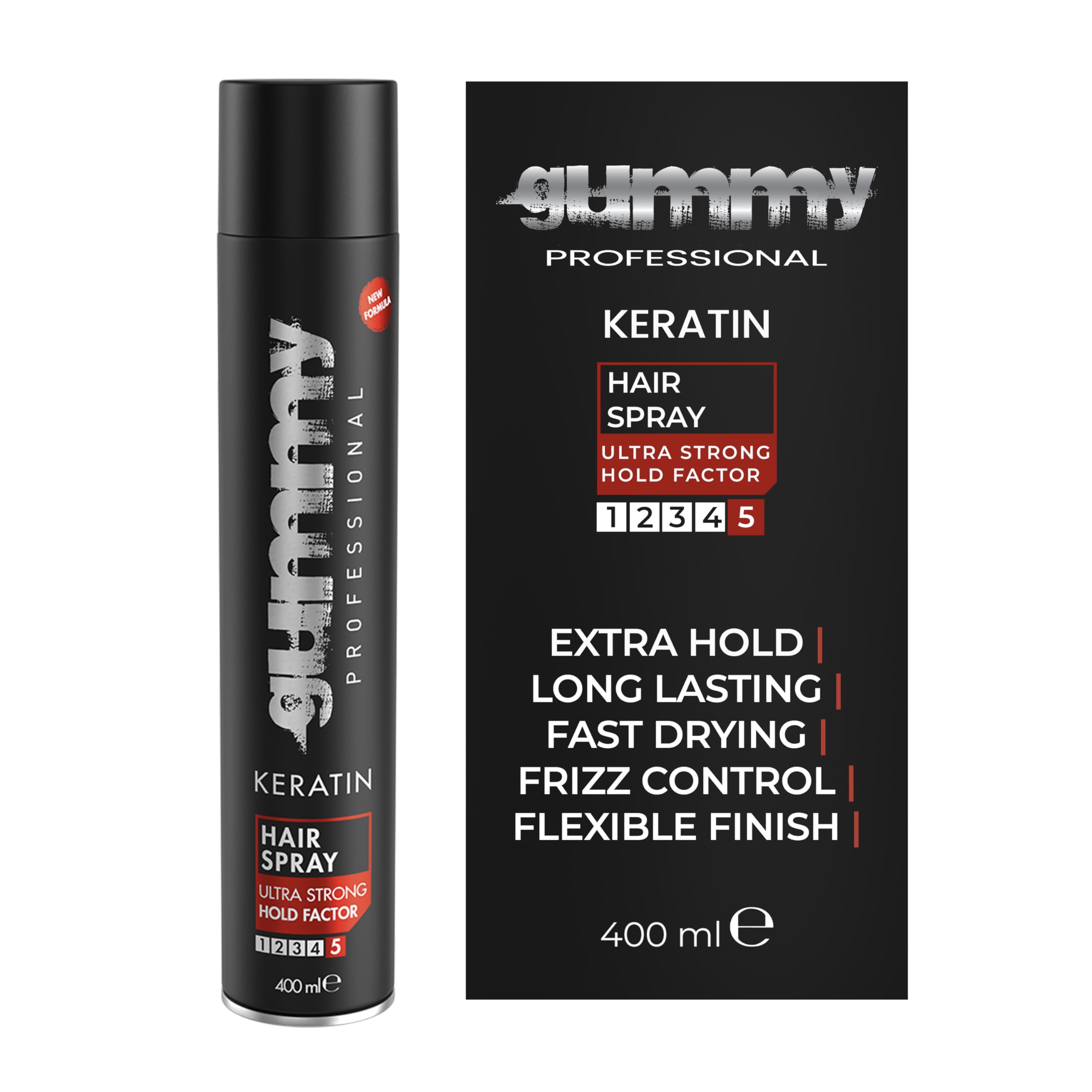 Gummy Professional Spray Keratine – bouteille visible offrant une tenue durable sans lourdeur.
