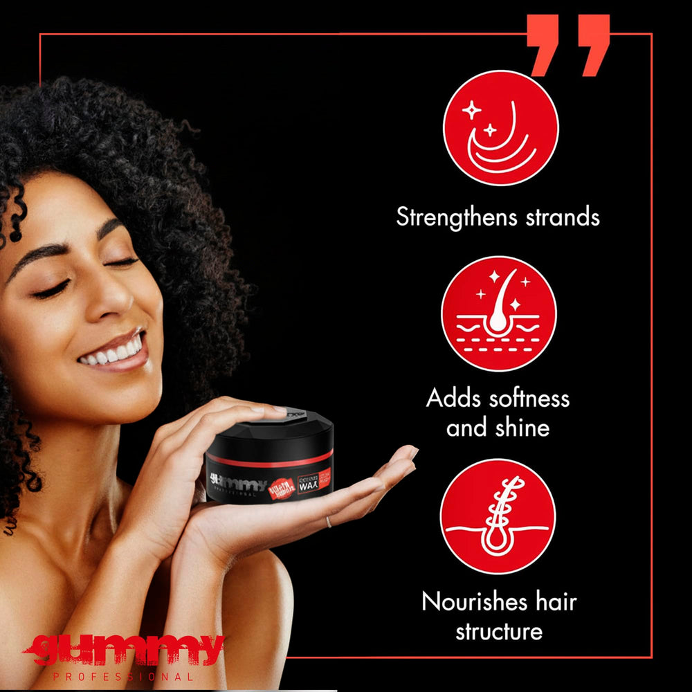 Gummy Professional texture ultra ferme pour cheveux coiffés sans résidu.