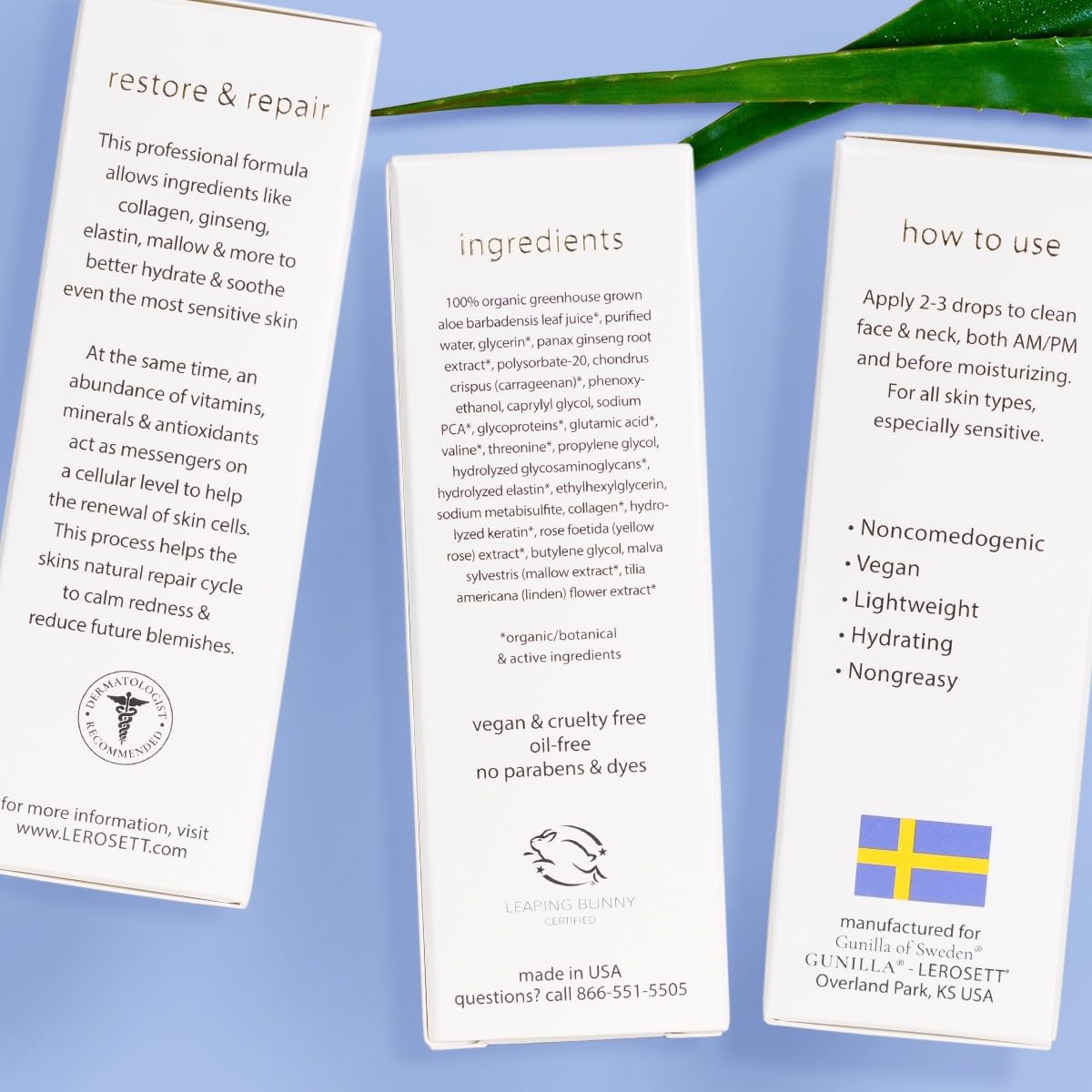 Gunilla Of Sweden LEROSETT: ingrédients botaniques pour une routine douce.