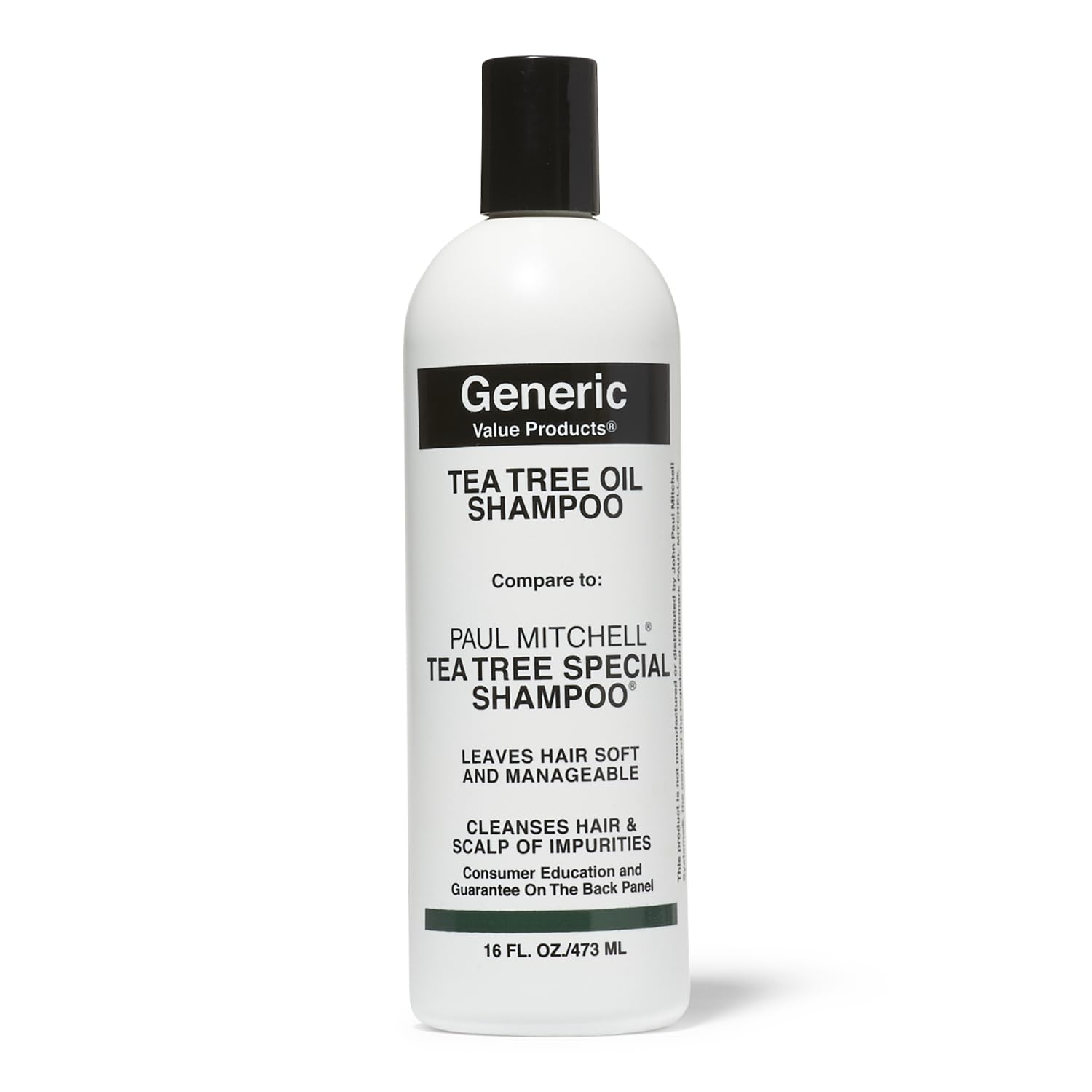Shampoing GVP à huile d’arbre à thé en bouteille, parfum frais et revitalisant pour les cheveux.