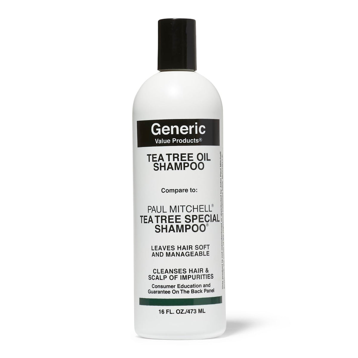 Shampoing GVP à huile d’arbre à thé en bouteille, parfum frais et revitalisant pour les cheveux.